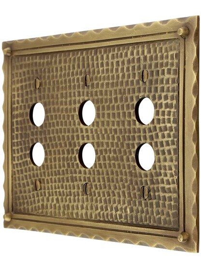 Bungalow Style Triple Push Button Switch Plate In Antique Brass.